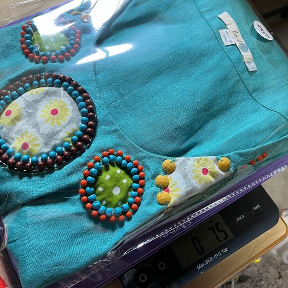 Boden Top Womens 6‎ Blue Linen Tunic Boho Embellished Elastic Waist Beaded - Picture 12 of 12
